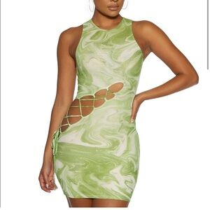 Naked Wardrobe “Tied Up in Paradise” Green Marble Cutout Mini Dress – NWT Size M